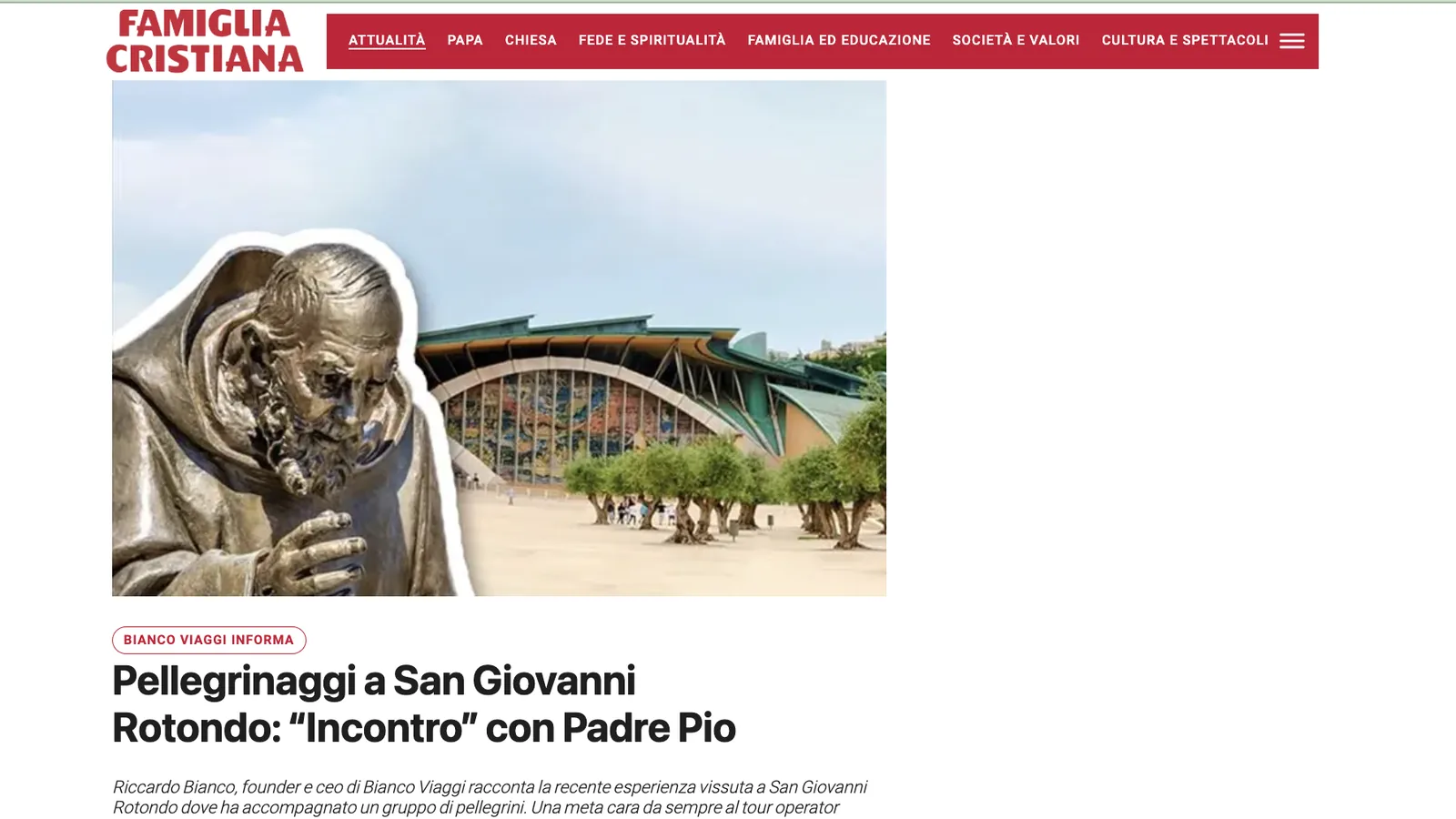 L'articolo di Famiglia Cristiana sui pellegrinaggi a San Giovanni Rotondo con Bianco Viaggi