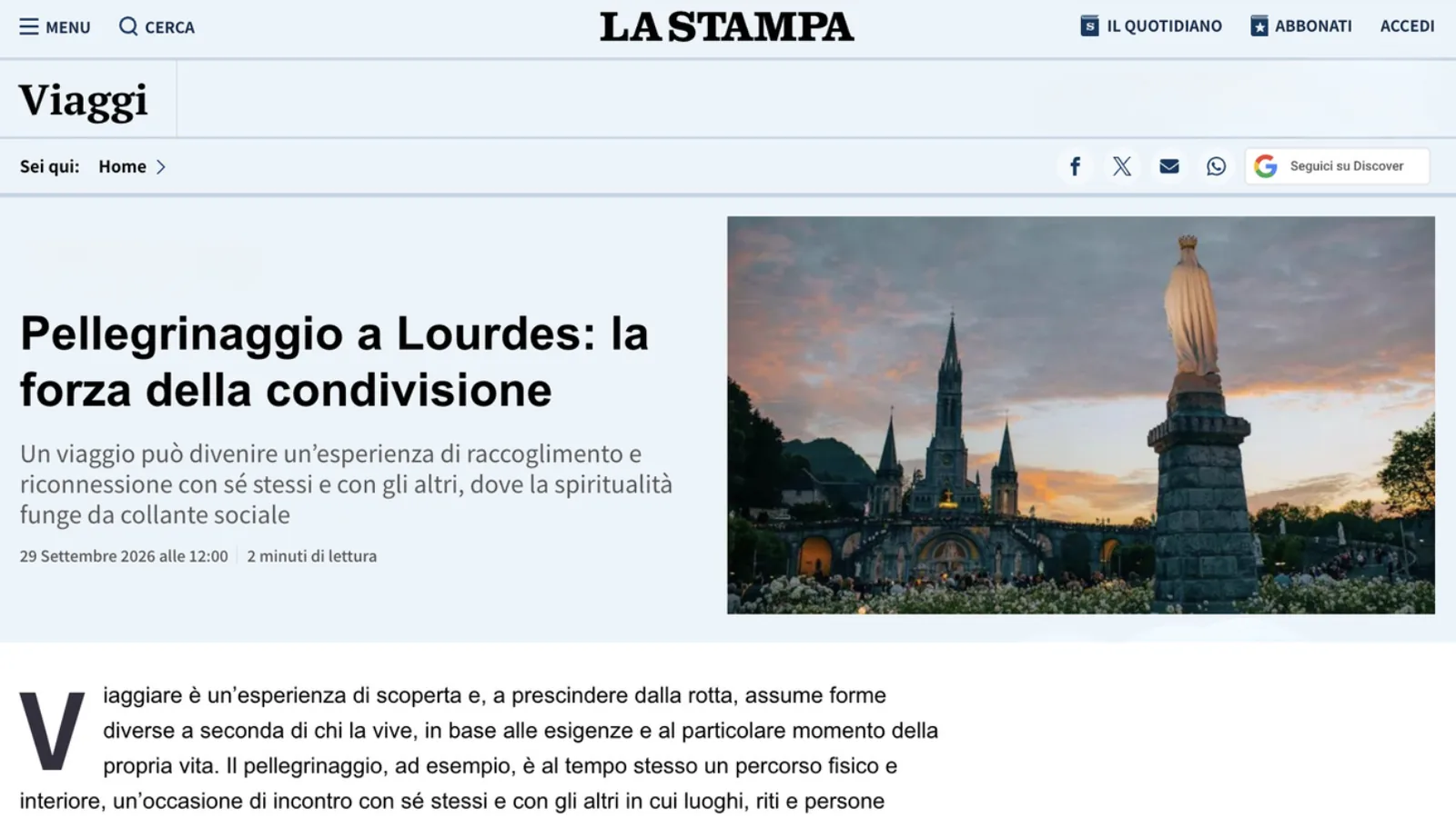 L'articolo de La Stampa sul pellegrinaggio a Lourdes con Bianco Viaggi