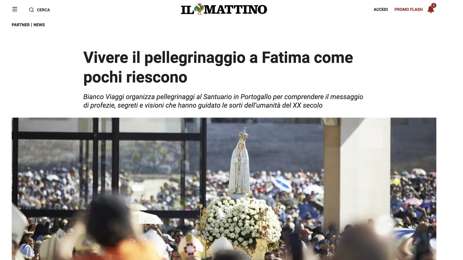 L'articolo del Mattino sul pellegrinaggio a Fatima con Bianco Viaggi