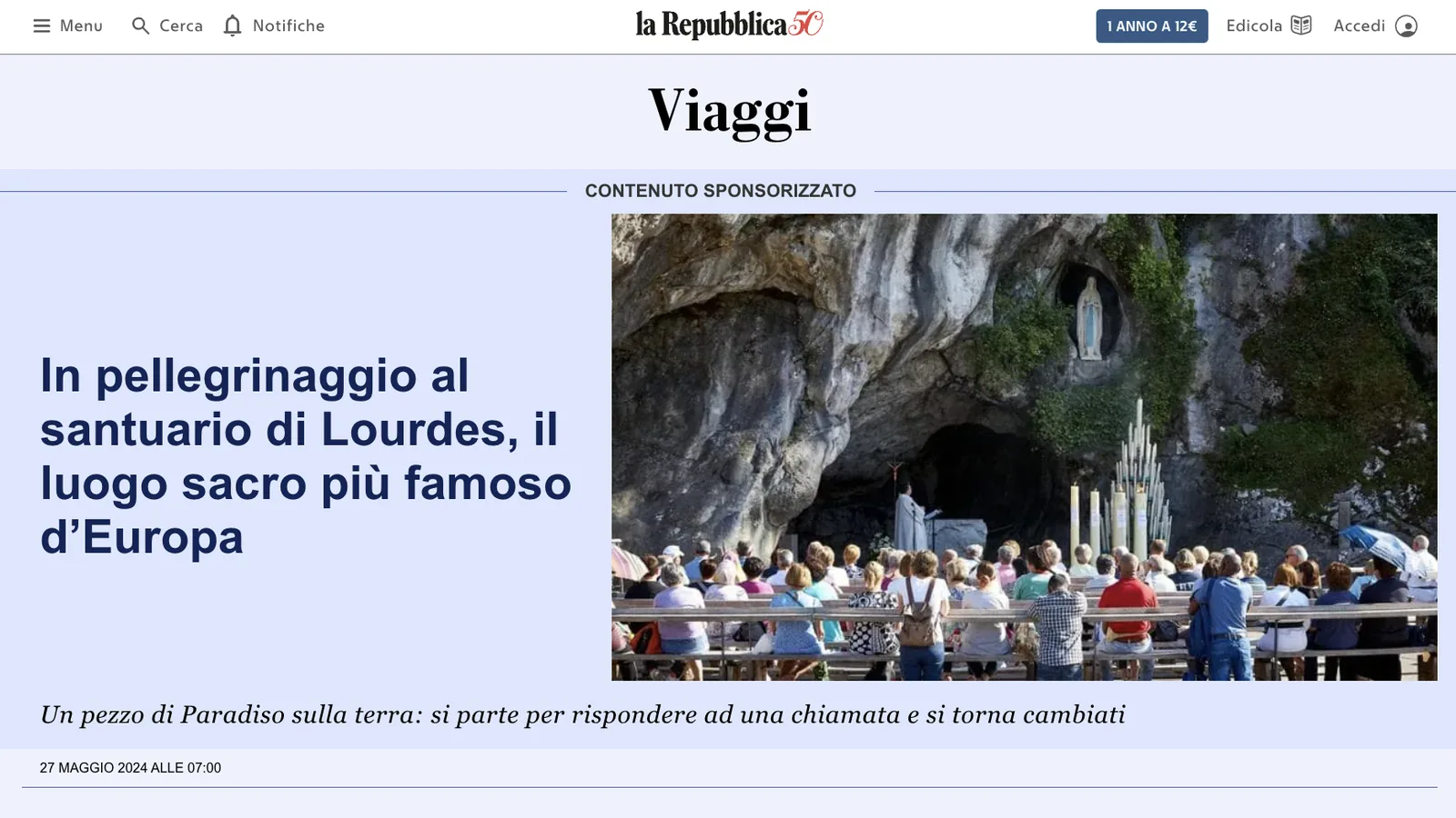 L'articolo di Repubblica sul pellegrinaggio al santuario di Lourdes con Bianco Viaggi
